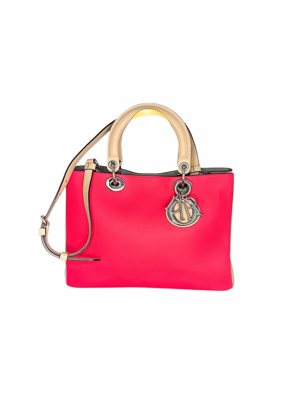 Dior Hot Pink Satchel with Beige Handles and Silver Charm